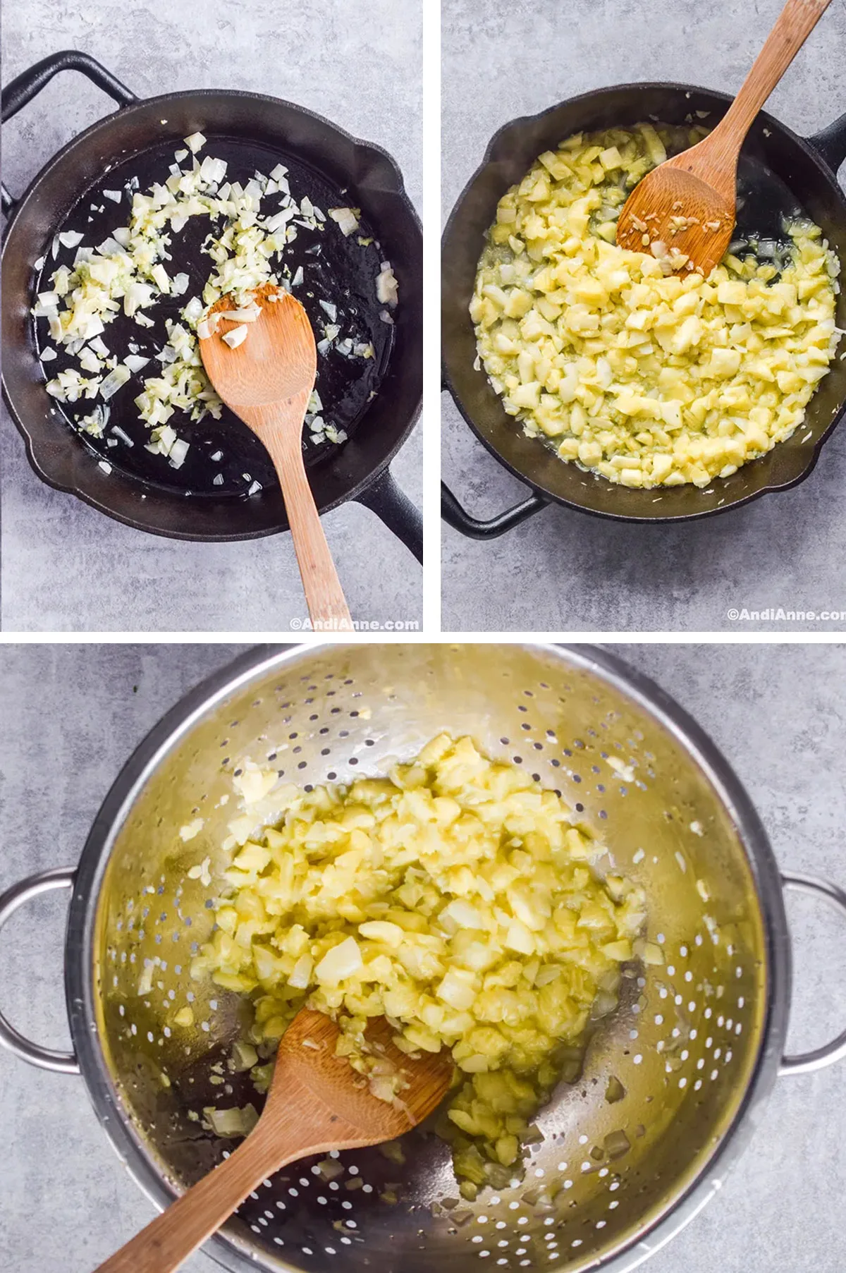 Three images: first is chopped onion in a skillet. Second is sauteed zucchini in skillet. Third is cooked zucchini pieces in a strainer.