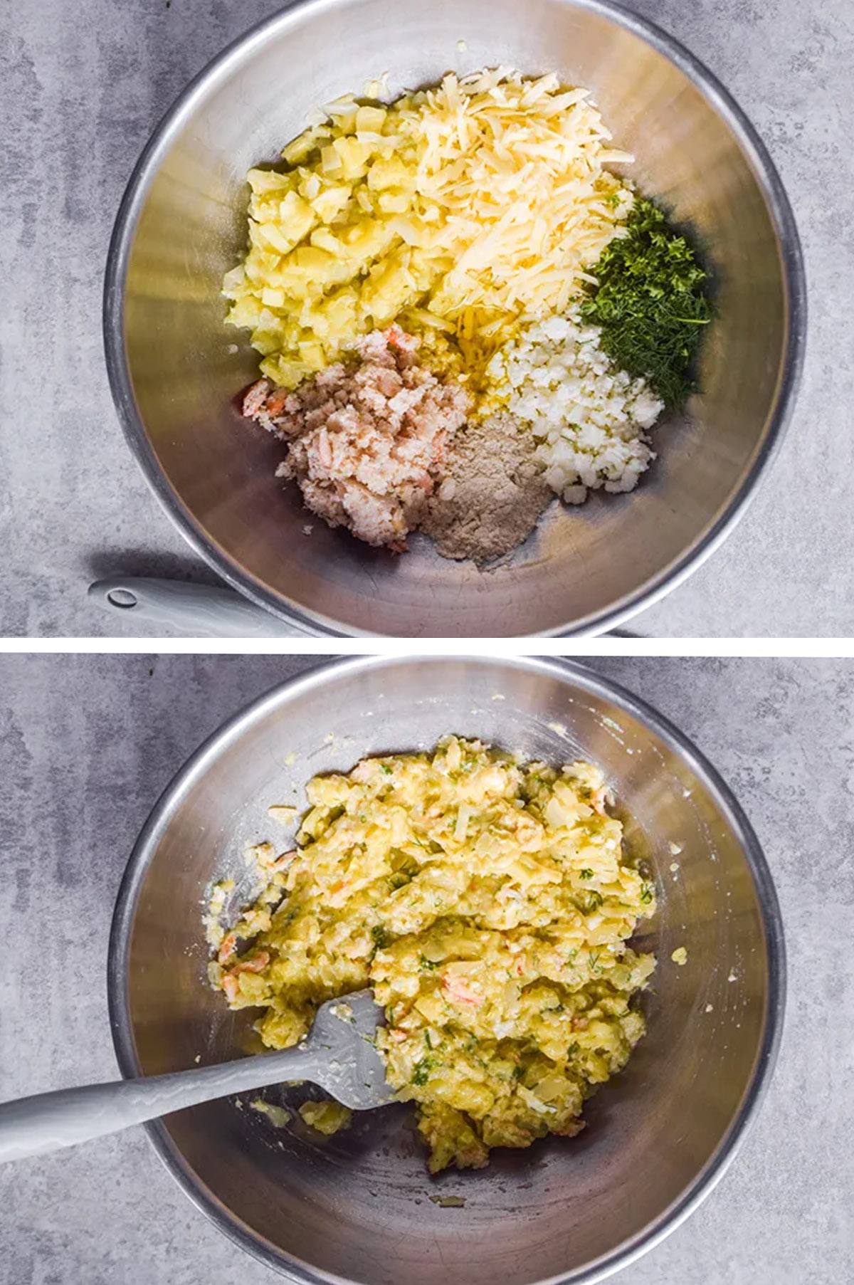 Two images of a large bowl. First is chopped zucchini, mozzarella cheese, feta, herbs, flour and crab meat dumped in unmixed. Last image is ingredients mixed together.