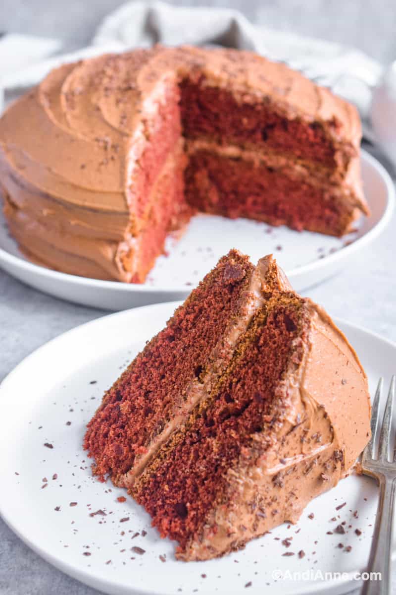 Slice of devils food cake on plate with a fork. Full cake with slice cut out in background.