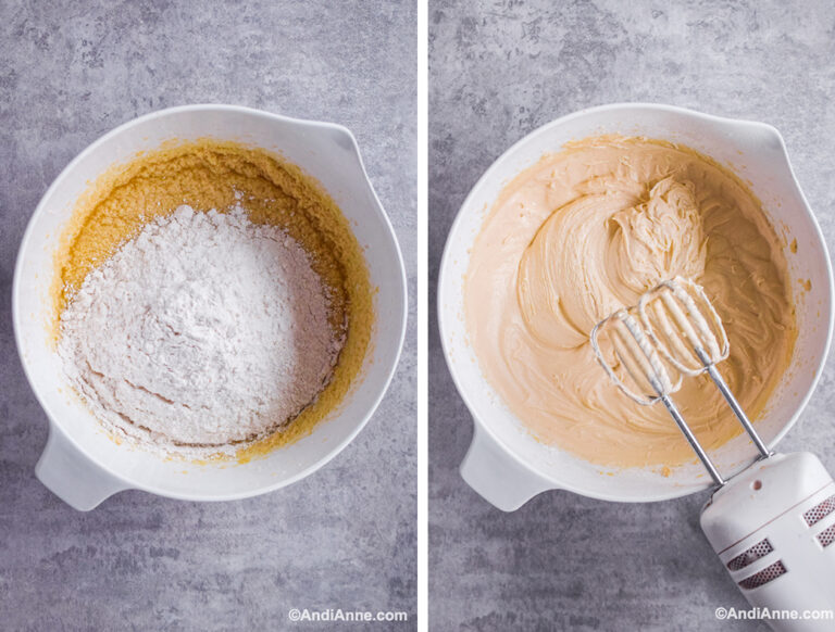 Two images: flour poured over batter in bowl, then creamy batter with hand mixer.