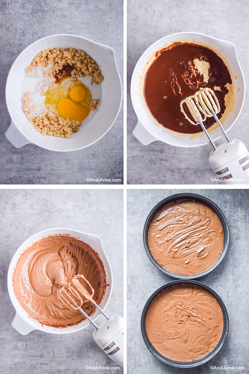 Four images showing steps to make recipe: Bowl with eggs and other ingredients, bowl with melted chocolate, batter and hand mixer, Bowl with creamy chocolate batter and hand mixer, two cake pans with chocolate cake batter inside.