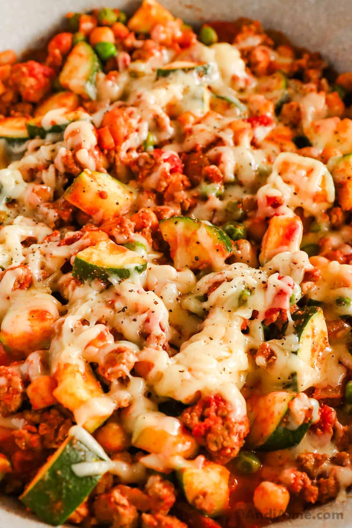 ground turkey zucchini chickpea skillet recipe in a frying pan