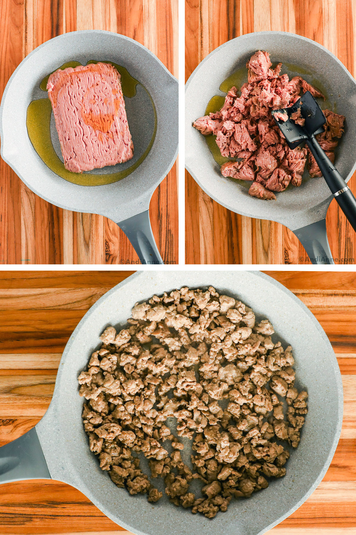 Three images of ground turkey in a frying pan in various stages of cooking.