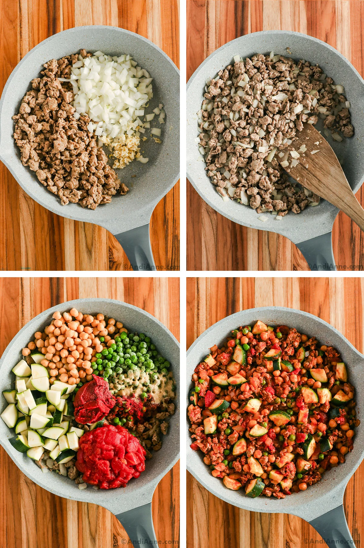 Four images of a frying pan. First with ground turkey and onion unmixed, then mixed together. Third image is zucchini, chickpeas, diced tomatoes, peas and tomato paste over top of cooked ground turkey. Last image is 