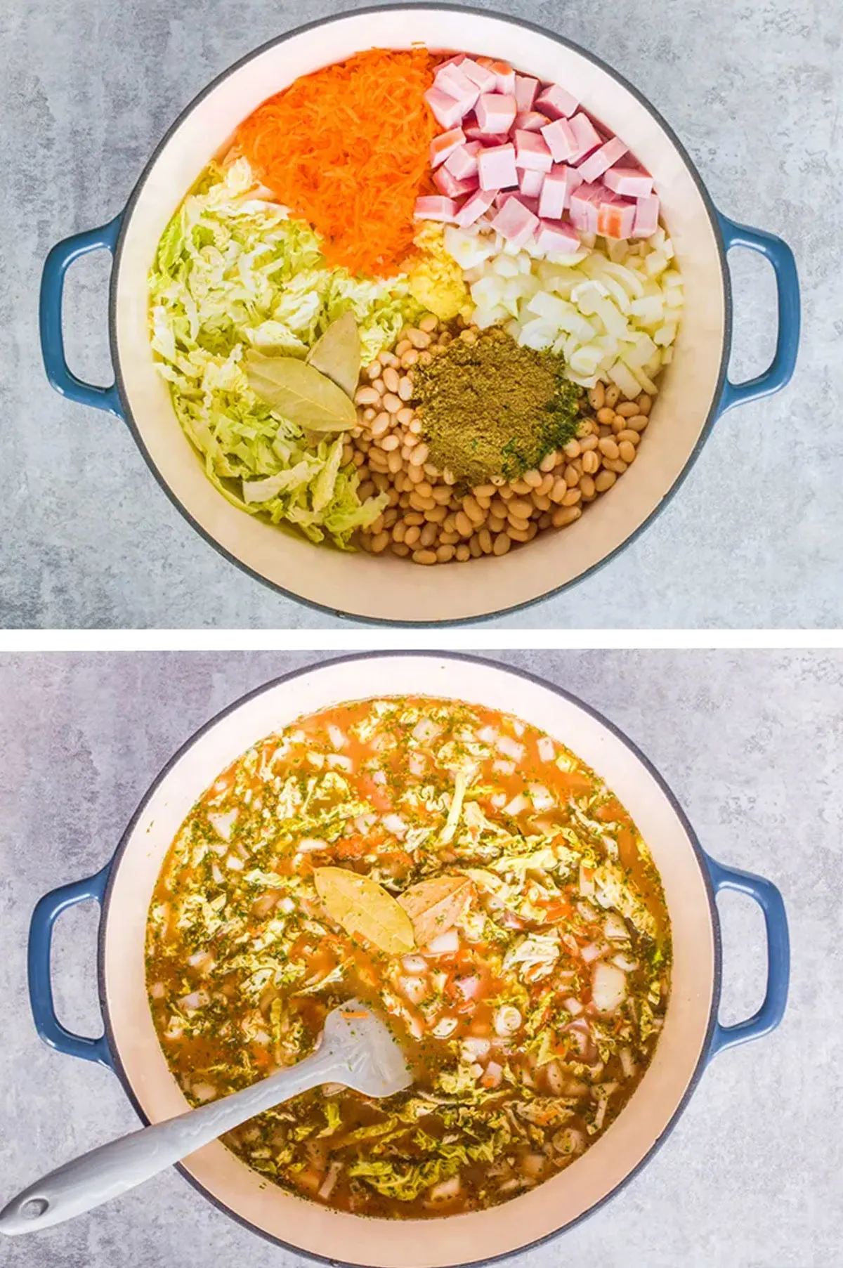 Two images of a large soup pot, first with soup ingredients inside including shredded cabbage, shredded carrots, ham cubes, onion, navy beans and spices. Secon is soup ingredients all mixed together.