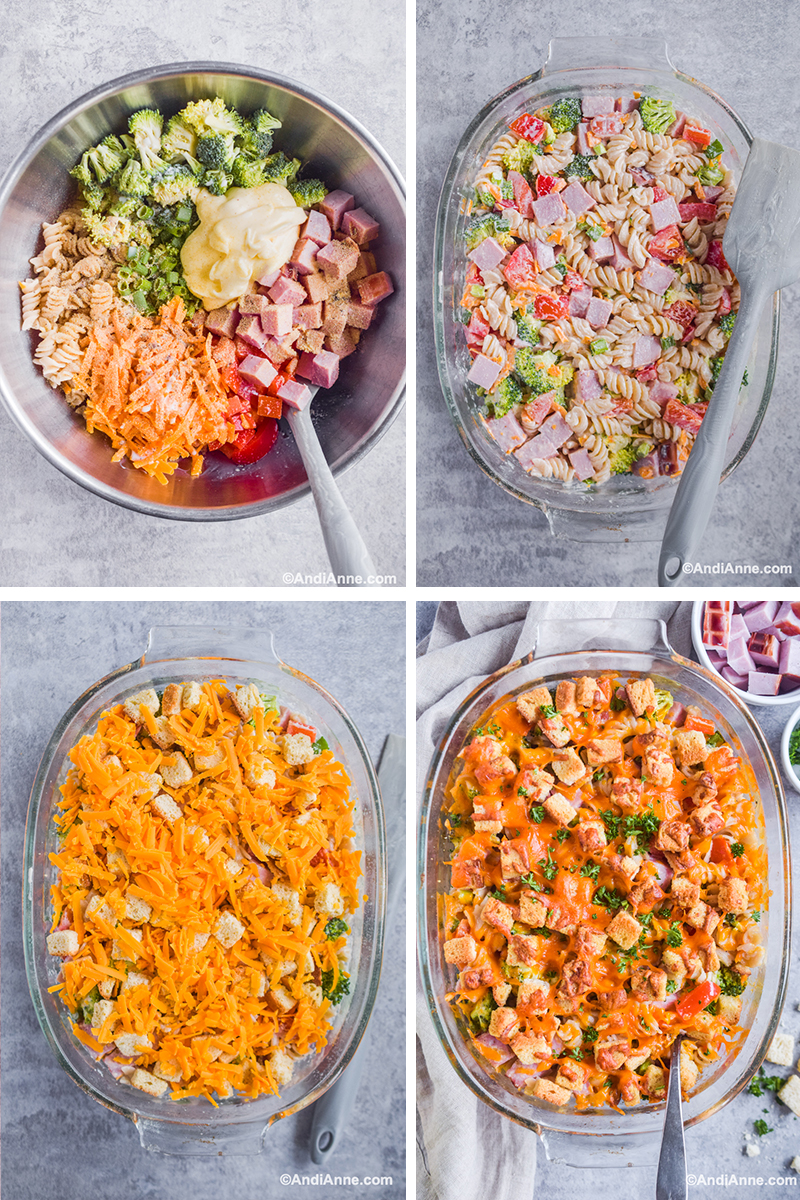 Four images grouped together showing steps to make the recipe. Bowl with all ingredients dumped in. Casserole dish with ingredients packed in and spatula. Cheese and croutons sprinkled on top of dish. Baked finished recipe with spoon inside and bowl of chopped ham in corner.