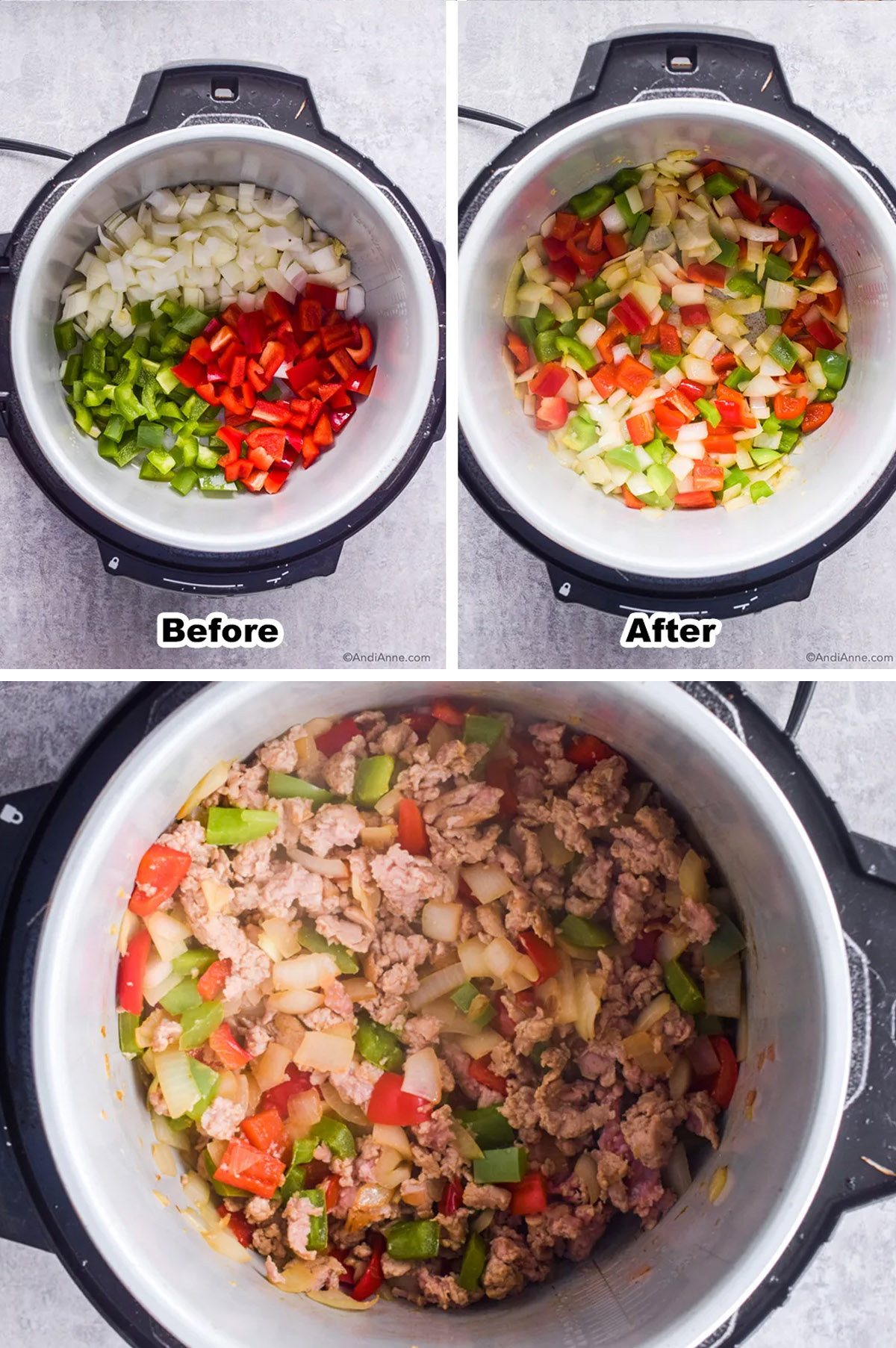 Three images looking into an instant pot. First is chopped vegetables raw, second is cooked vegetables, third is cooked ground chicken added.