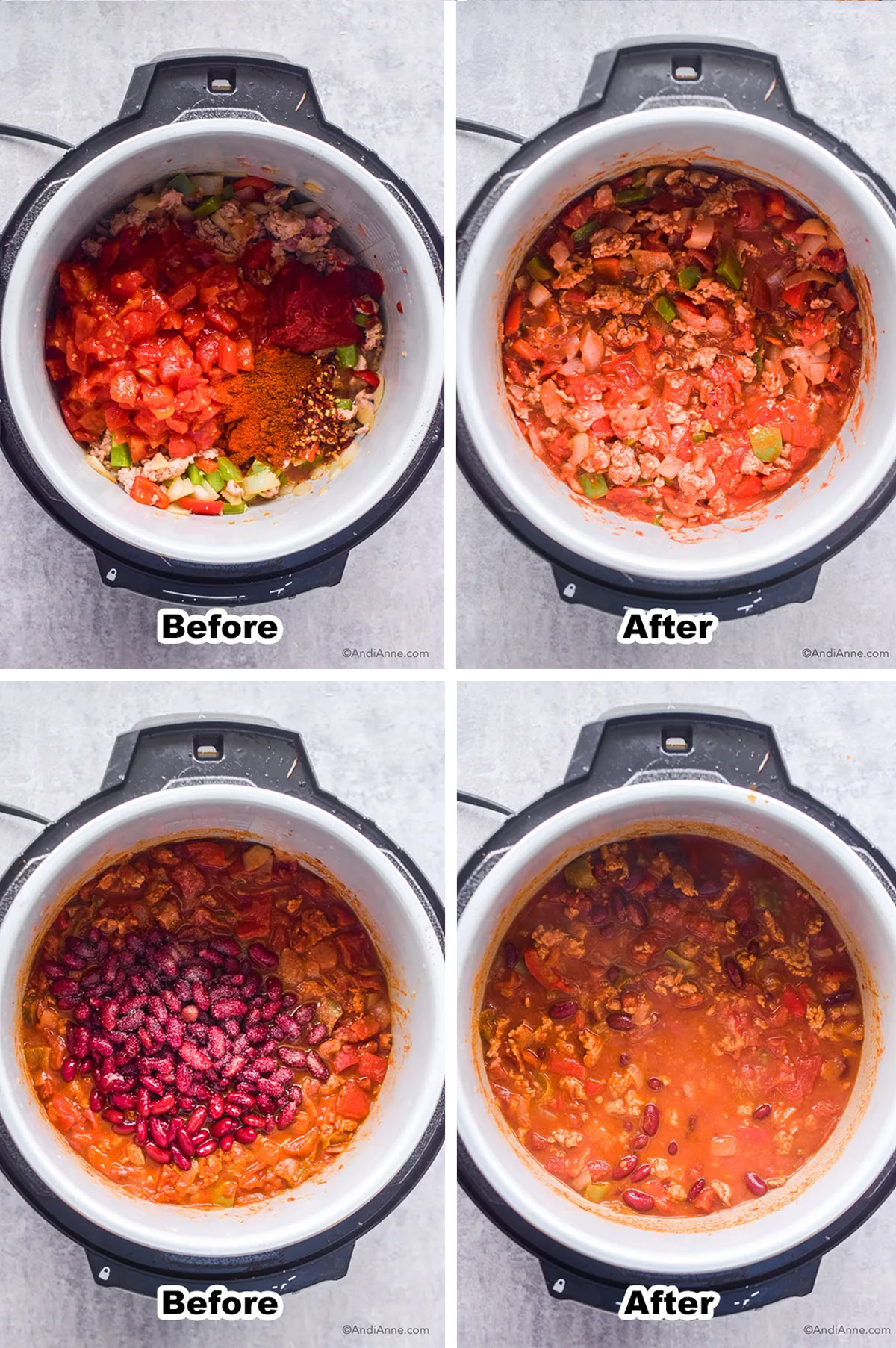 Four images, first is diced tomatoes and spices over chicken and cooked vegetables. Second is cooked ingredients mixed together in the instant pot. Third has kidney beans dumped in, fourth is cooked chicken chili.