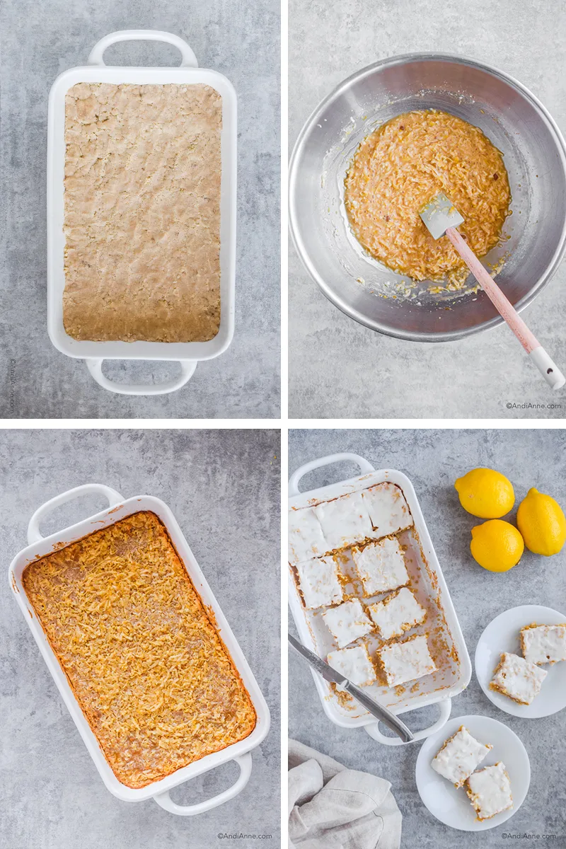 Four images to make the recipe a white dish with crust pressed into it, steel bowl with filling mixture and spatula, cooked filling mixture in baking dish, and slices of lemon coconut bars in dish and on plates with 3 lemons beside it.