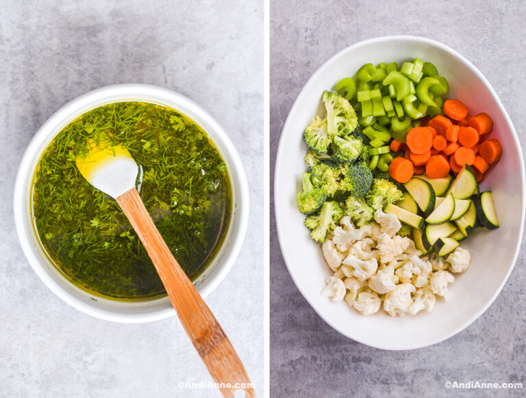 A bowl of marinade ingredients with spatula, and another bowl with chopped vegetables for salad.