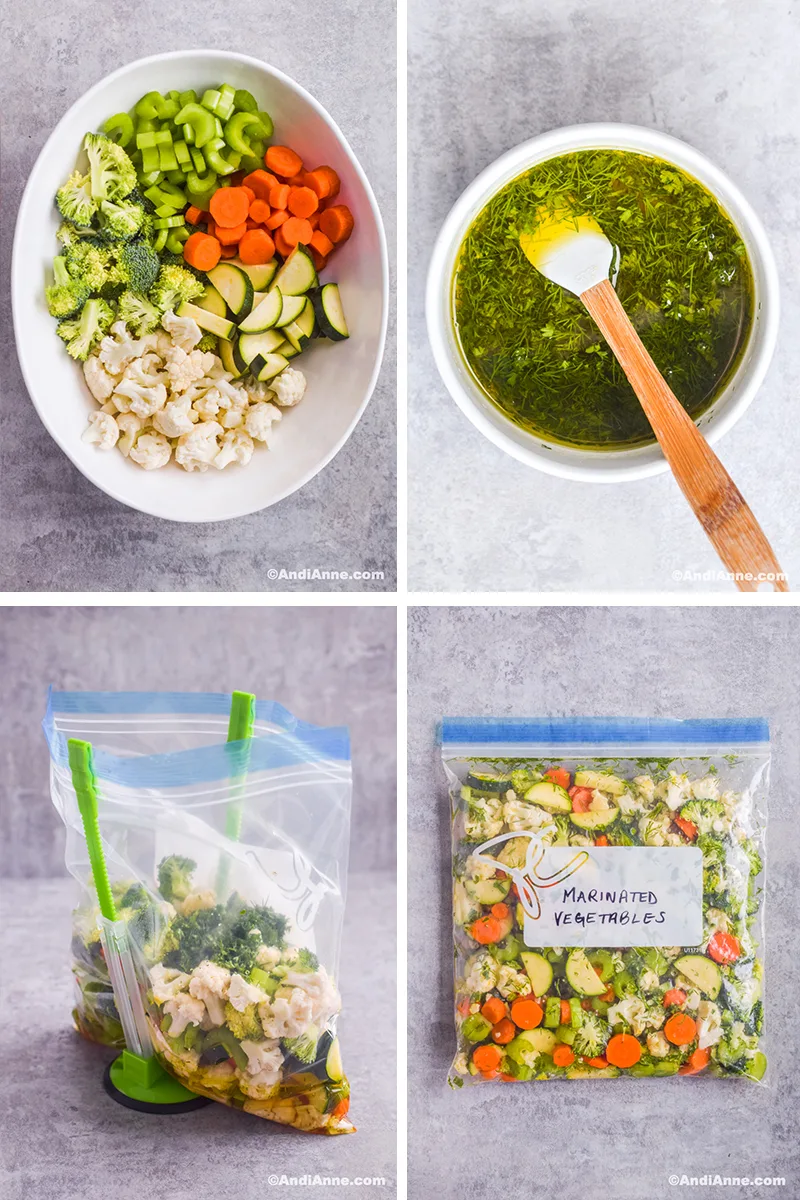 Four images showing steps to create the salad: First is a white bowl with chopped vegetables. Second is a small bowl with marinade ingredients and a spatula. Third is a plastic bag standing up with chopped veggies and dressing inside. Fourth is sealed bag of ingredients and labelled as marinated vegetables.