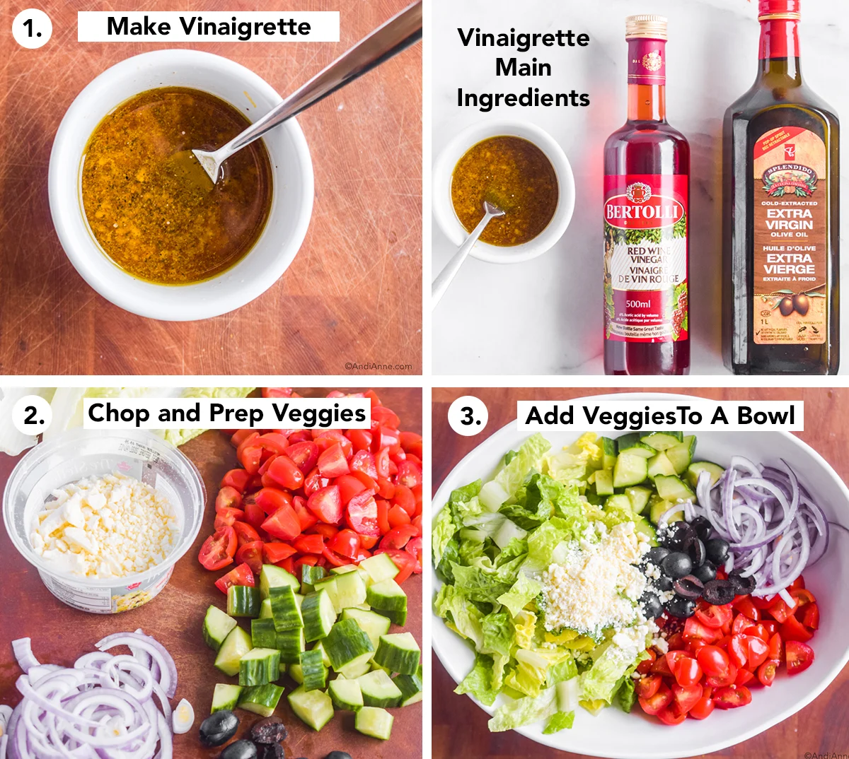 Four images: first a white bowl of vinaigrette dressing with fork, second a bowl of vinaigrette with fork with jar of red wine vinegar and olive oil beside it. Third includes chopped tomatoes, chopped cucumber, sliced red onion, and container of feta cheese. Four is an oval bowl with chopped lettuce, cucumber, tomatoes, sliced red onion and feta cheese.