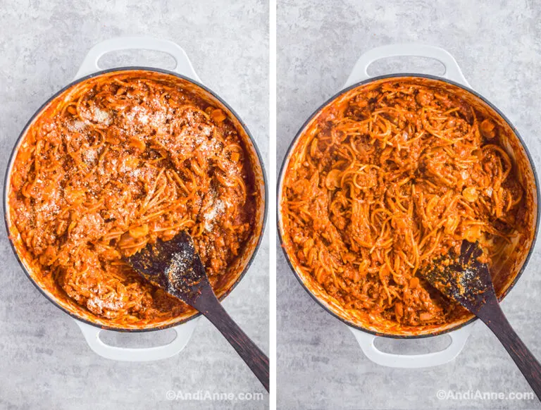 Two images: first with spaghetti in pot and parmesan, second with cooked spaghetti and spatula.