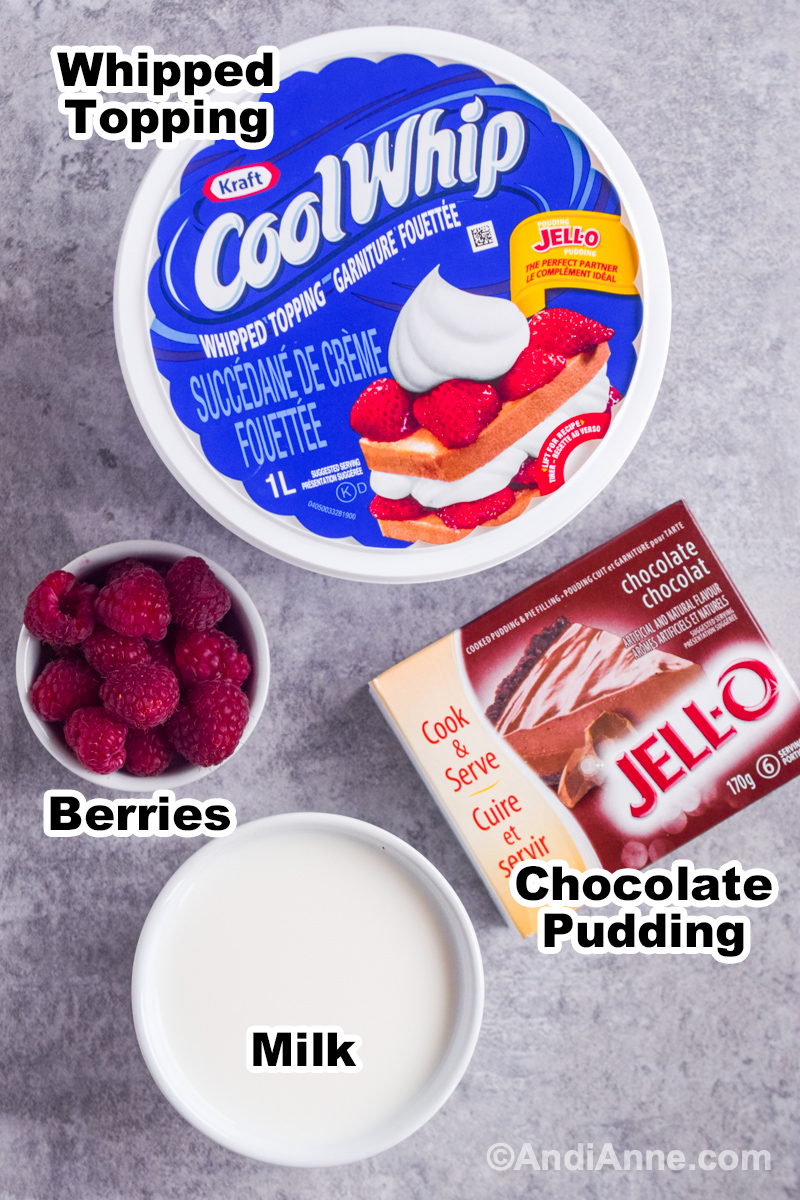 Ingredients to make the recipe including container of cool whip whipped topping, jell-o chocolate pudding, fresh raspberries, and bowl of milk.