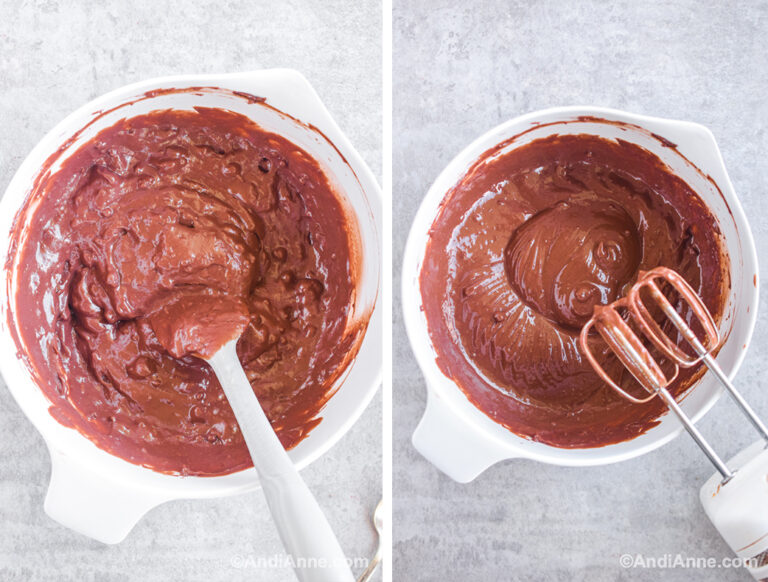 Two images: bowl of lumpy chocolate pudding, bowl of smooth pudding with hand mixer.