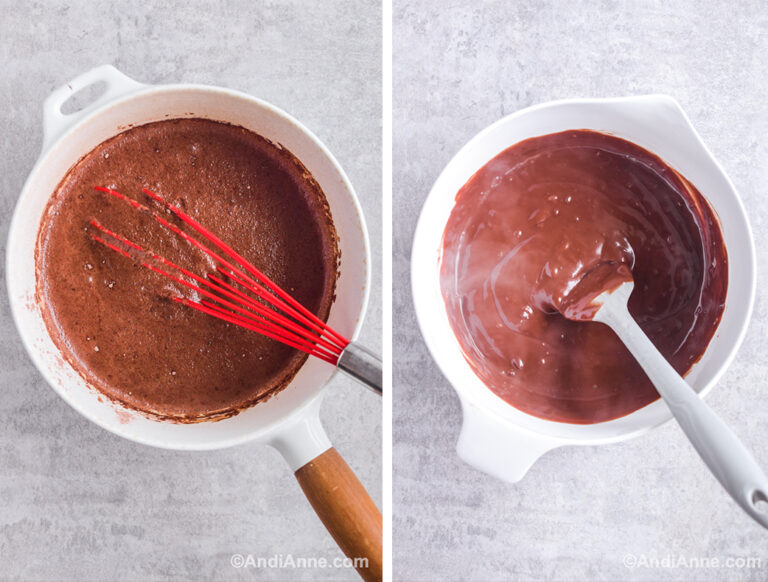 Two images: pot with hot pudding mix and red whisk, and white bowl with hot chocolate pudding mix and spatula.