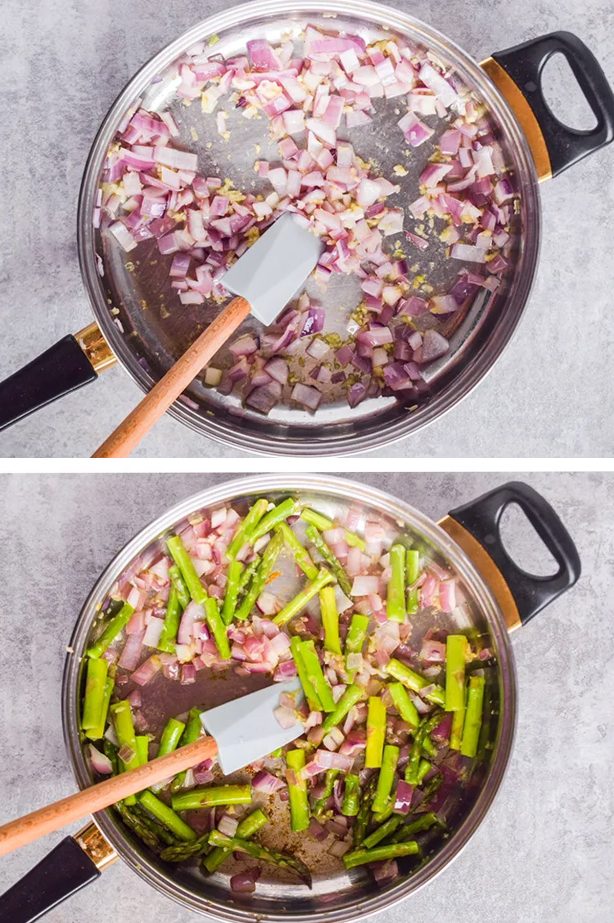Two images of a pan with cooked onion and garlic, then chopped asparagus is added.
