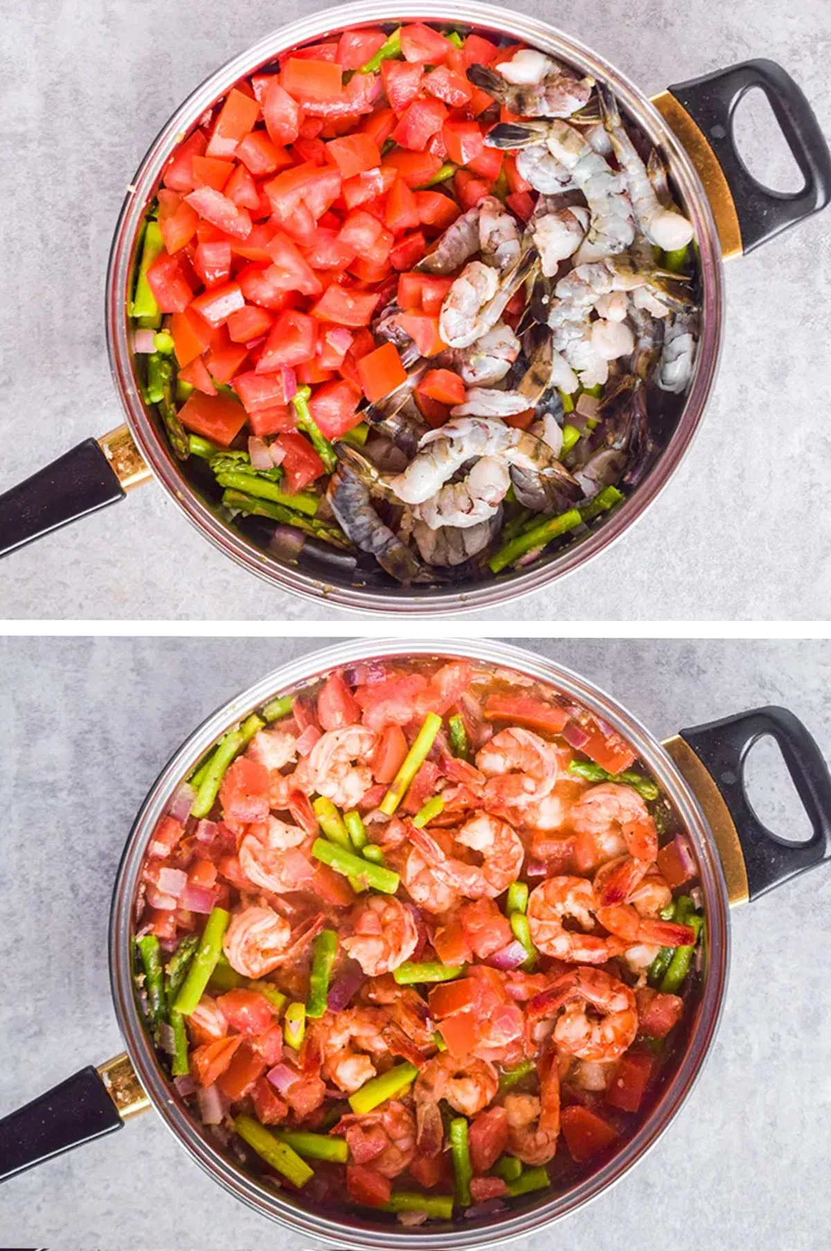 Two images of a frying pan with chopped tomatoes and raw shrimp over asparagus mixture. Then second image with cooked shrimp in mixture.