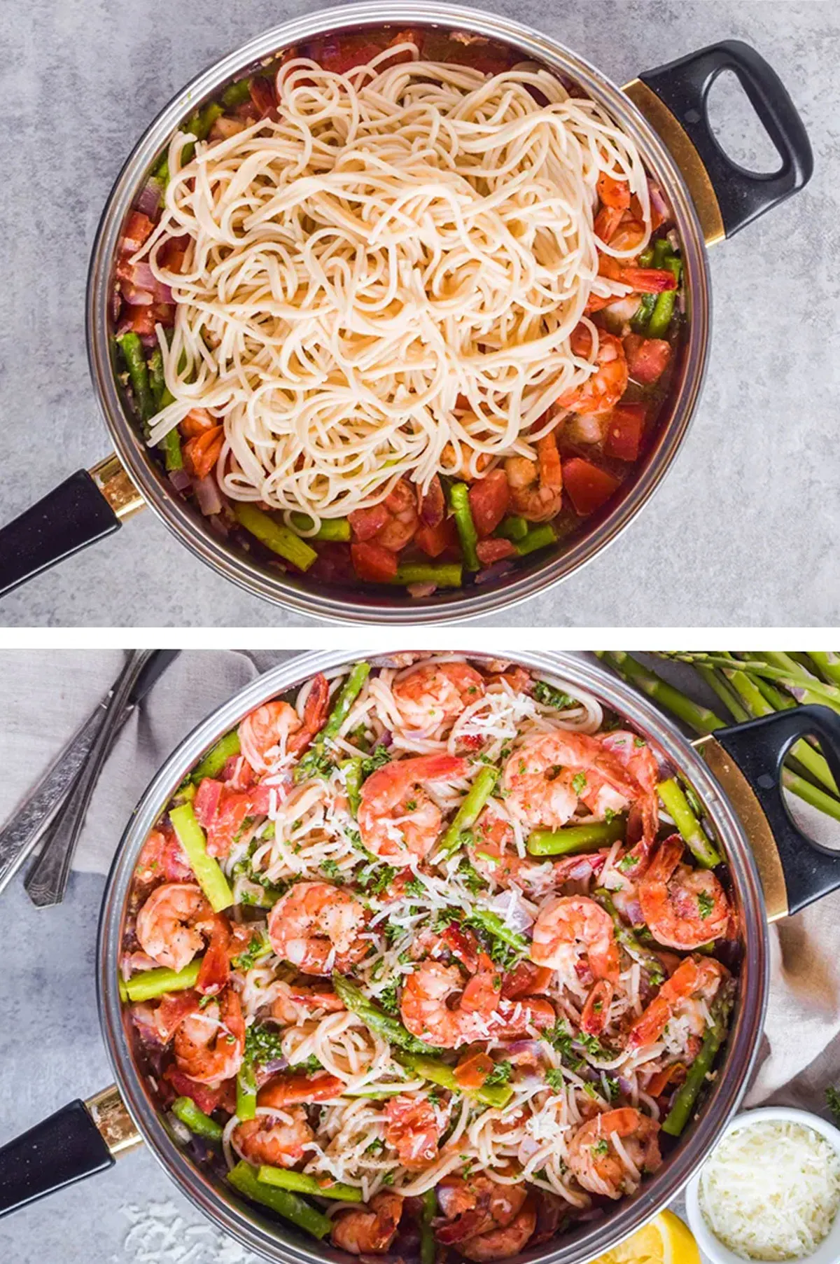 Two images of frying pan, First with cooked spaghetti noodles overtop of shrimp mixture. Second with spaghetti noodles mixed into cooked shrimp asparagus mixture.