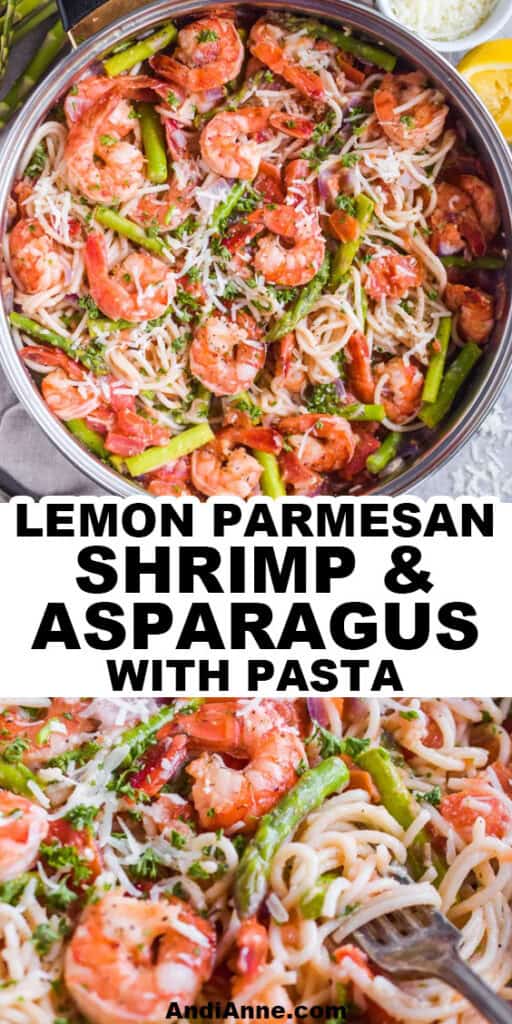 A pan of shrimp asparagus pasta with a fork