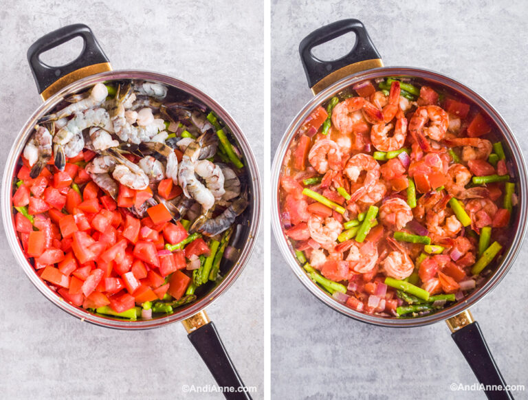 Two images: raw shrimp and tomatoes added to frying pan, and ingredients mixed together in frying pan.