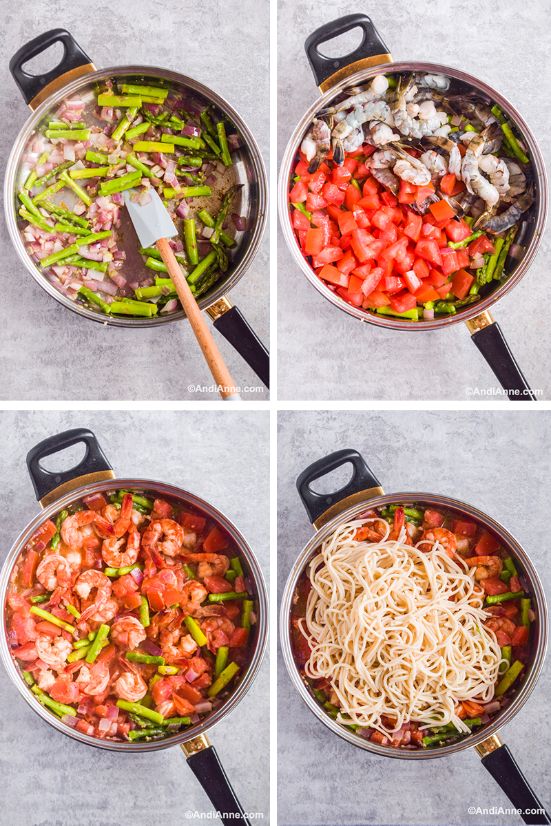 Four images grouped together showing various stages of cooking in pot with ingredients. 