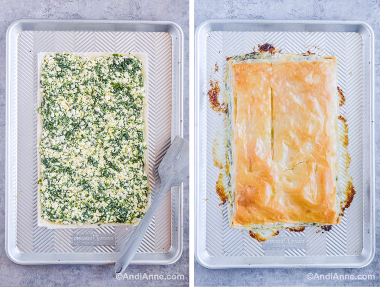 Two images: first with feta cheese mixture on top of phyllo on baking sheet. Second baked phyllo on a baking sheet.