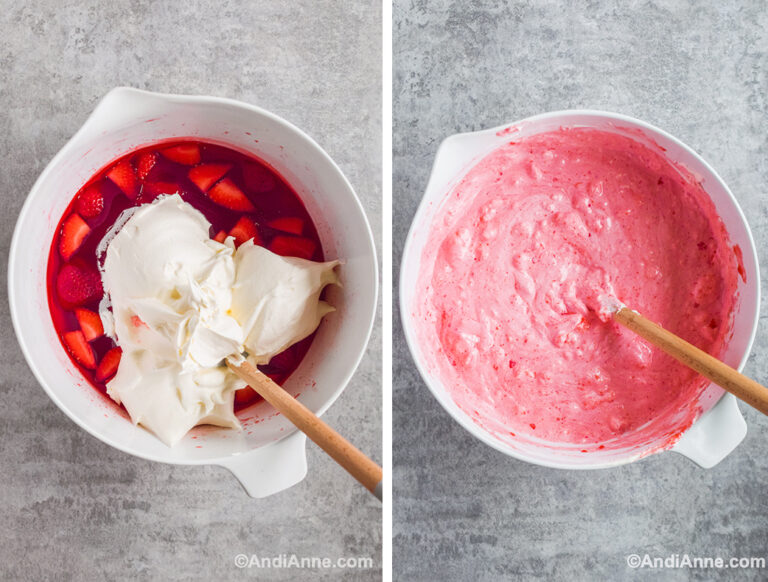 Two bowls, first with strawberries and whipped cream. Second with creamy pink mixture.