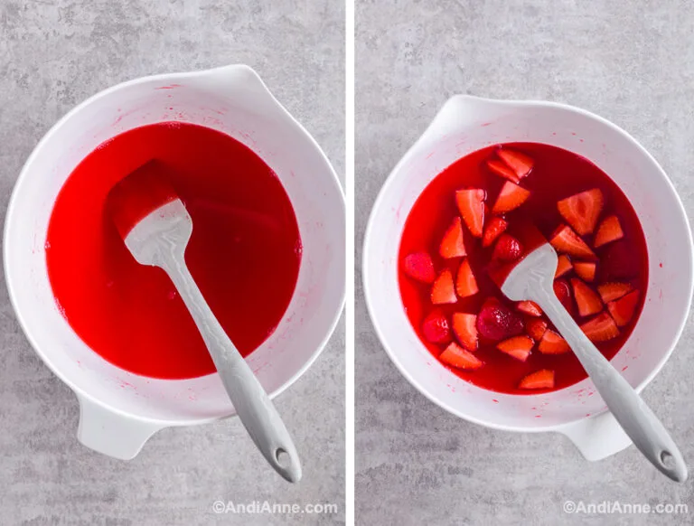 Two bowls, first is red jello, second is red jello liquid with strawberries.
