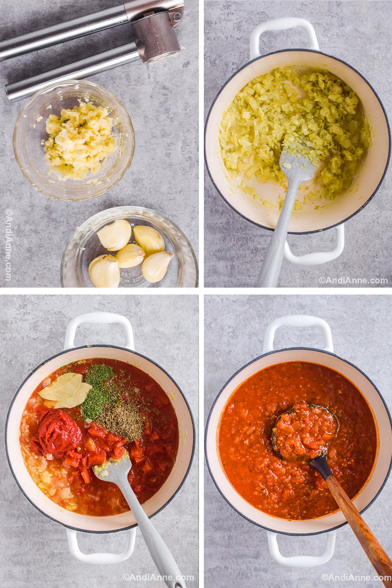 Four images showing various steps to make recipe including making minced garlic with mincer, sauteing onion and garlic in white pot, All ingredients dumped into pot before cooking, then fully cooked soup with a soup ladle inside pot.