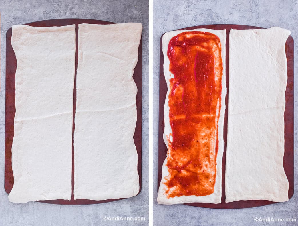 The pizza dough is unrolled, shaped into a rectangle, and cut in half lengthwise. One half of the rectangle is topped with pizza sauce.