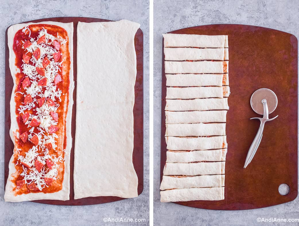 The pizza dough is topped with sauce, cheese, and pepperoni. Then a plain piece of dough is laid over the top, and then sliced into smaller strips with a pizza cutter.