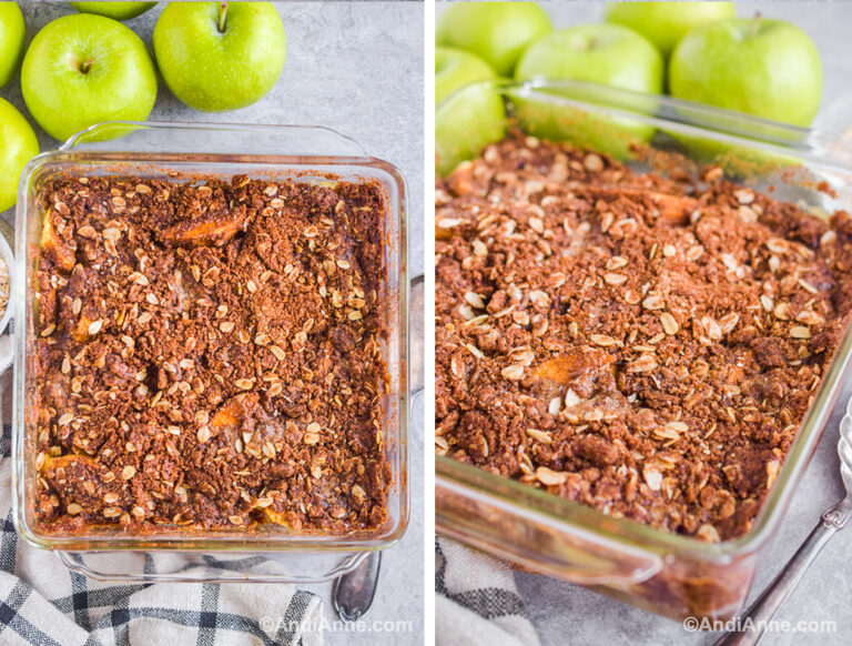 Two images of baked apple crisp in square glass baking dish at different angles.