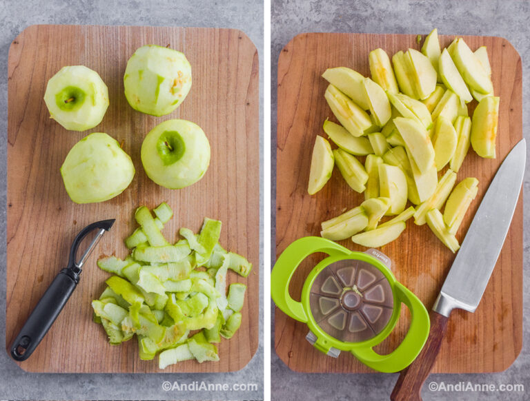 Two images of a cutting board, first with peeled apples and vegetable peeler, second with sliced apples, apple corer and knife.