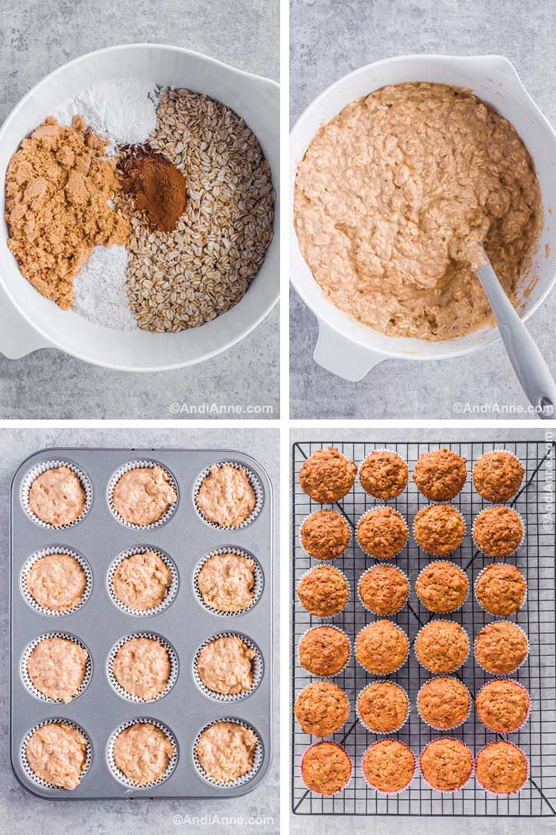 Four images together. First is white bowl with oats, sugar, flour and cinnamon inside. Second is muffin batter in bowl with a spatula. Third is muffin batter in muffin pan. Fourth is baked muffins on a rack.