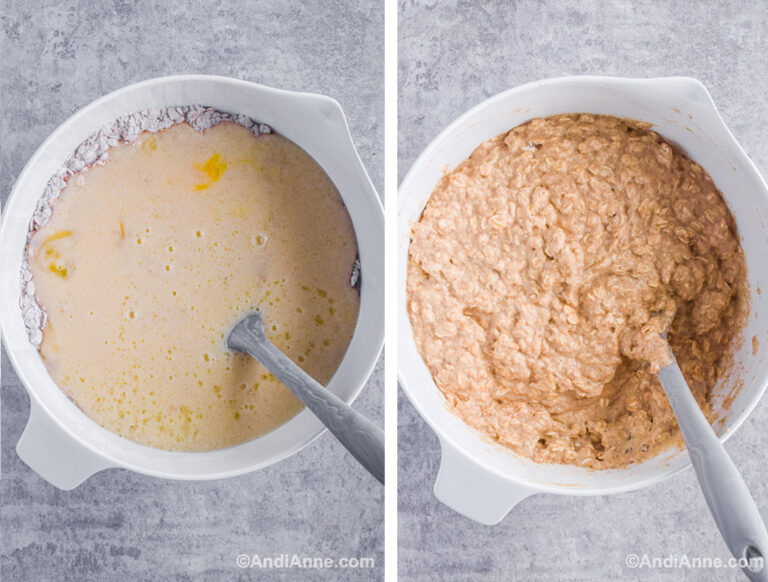 Two images of a white bowl: first with liquid poured over dry ingredients, second with muffin batter mixed together and spatula.