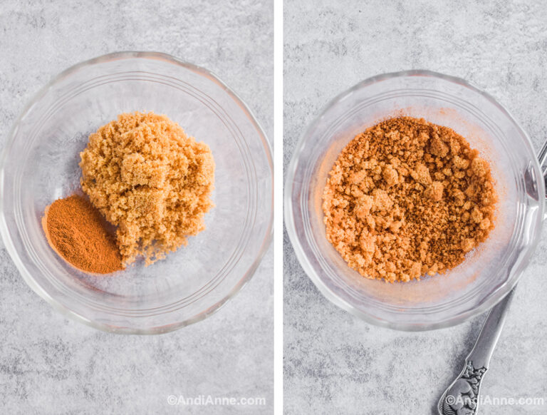 Two images of a glass bowl: first with cinnamon and brown sugar. Second with cinnamon sugar mixed together and a fork.