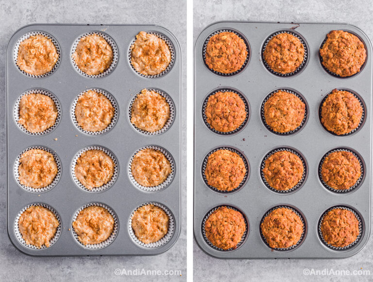 Two images of a muffin pan. First with uncooked muffin batter inside. Second with cooked golden muffins inside.