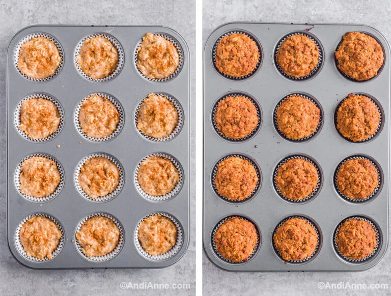 Two images of a muffin pan. First with uncooked muffin batter inside. Second with cooked golden muffins inside.