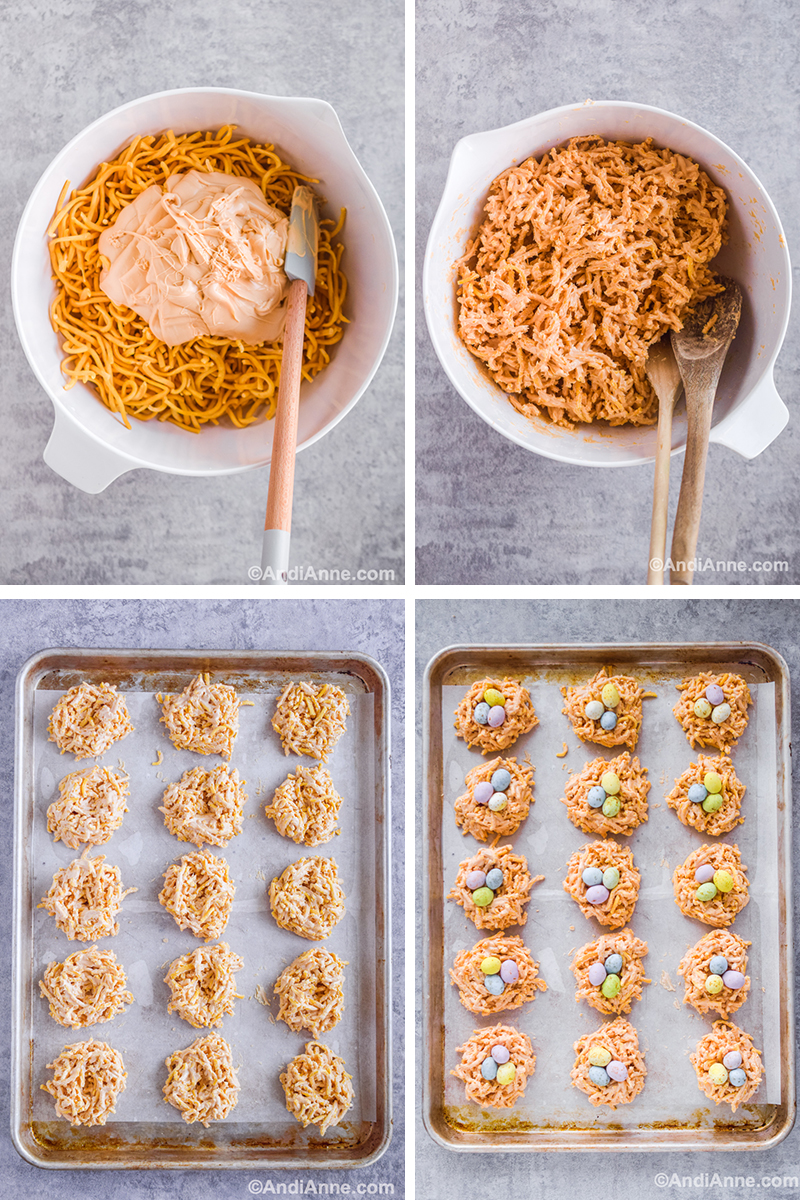 Four images with steps to make recipe: First is a white bowl with chow mein noodles and melted chocolate dumped in, Second is mixed noodles with chocolate and spatula, third is baking sheet and nests formed on top, fourth is nests on baking sheet with added candy eggs.