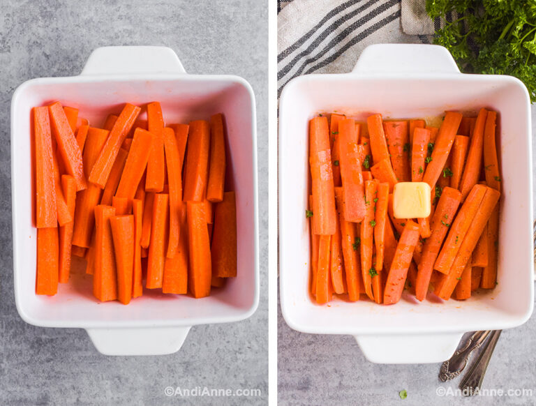 Two images: first is white baking dish with sliced carrots, second is white dish with carrots and butter on top.