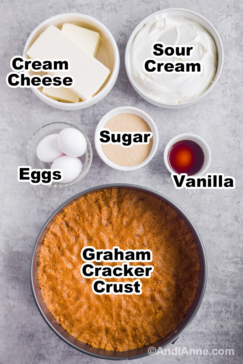 Looking down at recipe ingredients including a graham cracker crust in a springform pan, bowl of sour cream, cream cheese, sugar, vanilla and eggs.