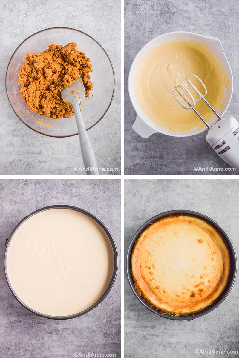 Four images showing steps to make cheesecake, including glass bowl of crust ingredients and spatula, white bowl of filling ingredients and hand mixer, uncooked cheesecake in a springform pan, and golden cooked cheesecake in a springform pan.