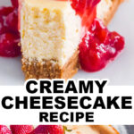 A slice of creamy cheesecake topped with strawberry sauce and fresh strawberries