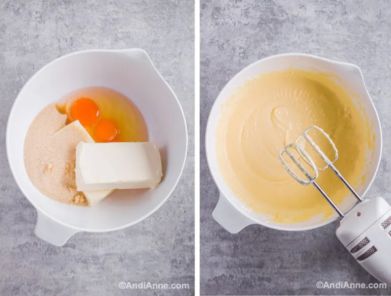 Two images of a white bowl: first with cream cheese, eggs, and sugar. Second with ingredients blended together and hand mixer.