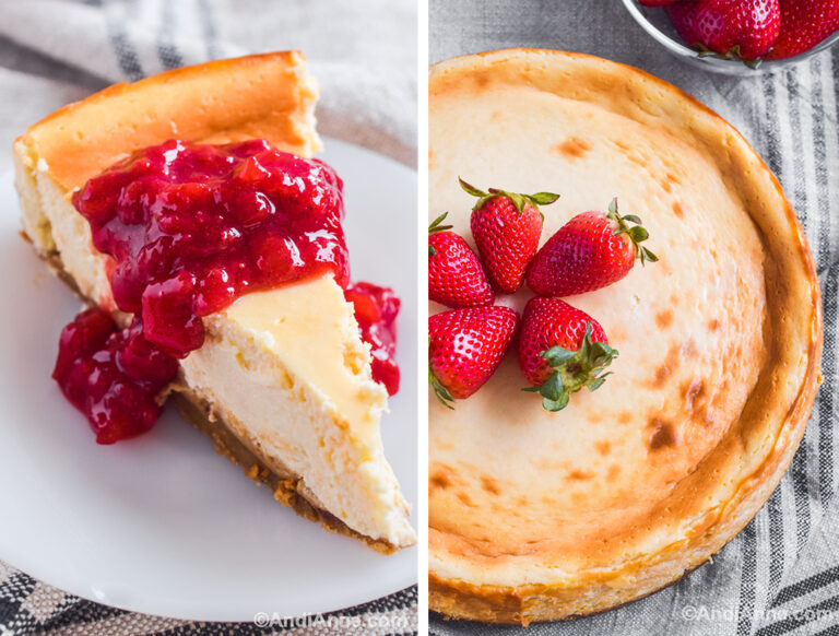 Two images, first a slice of cheesecake with strawberry sauce. Second a whole cheesecake with fresh strawberries in the center and a bowl to the side.