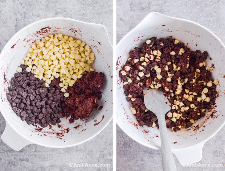 Two images of a white bowl: first with dark chocolate chips, white chocolate chips and cookie crumb. Second with ingredients mixed together and spatula.