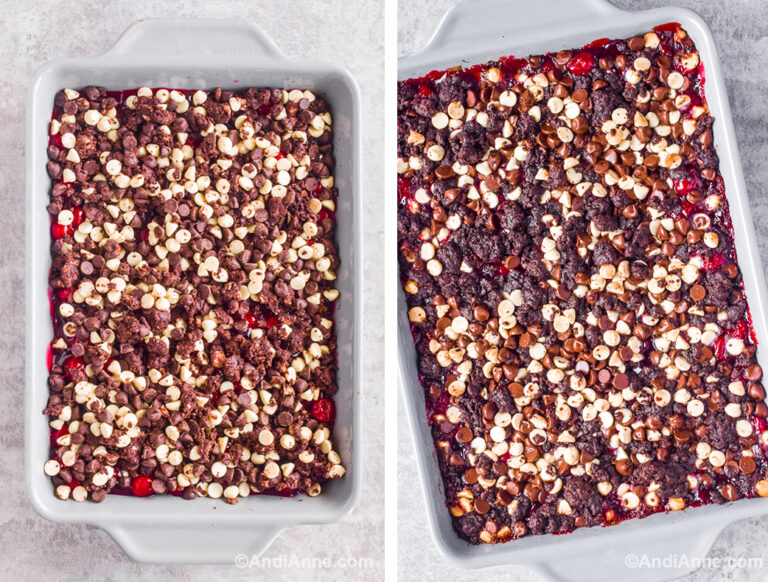 Unsliced baked chocolate cookie cherry bars in a grey baking dish.