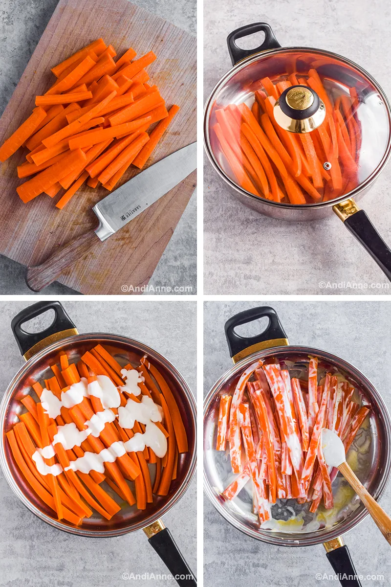 Four images showing steps to make recipe. First is chopped carrots on a cutting board with a knife. Second is a pot with a lid and carrots inside. Third is cooked carrots in a pot with dressing drizzled over top. Four is carrots mixed with creamy dressing and a spatula.