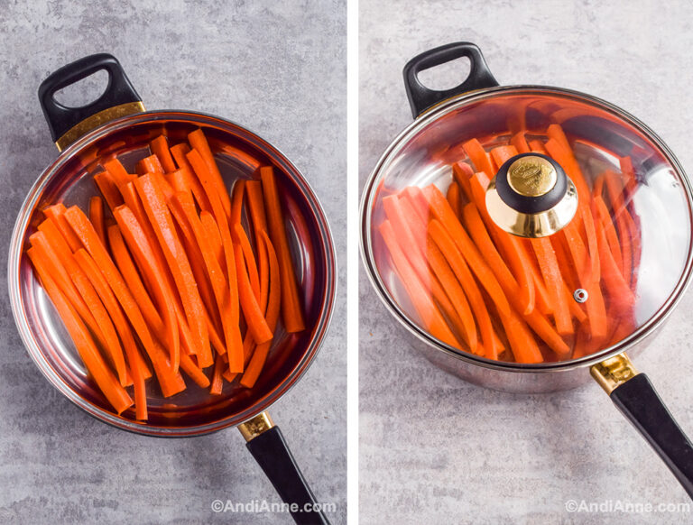 Two images of a pot: first with sliced carrots. Second with lid on top.